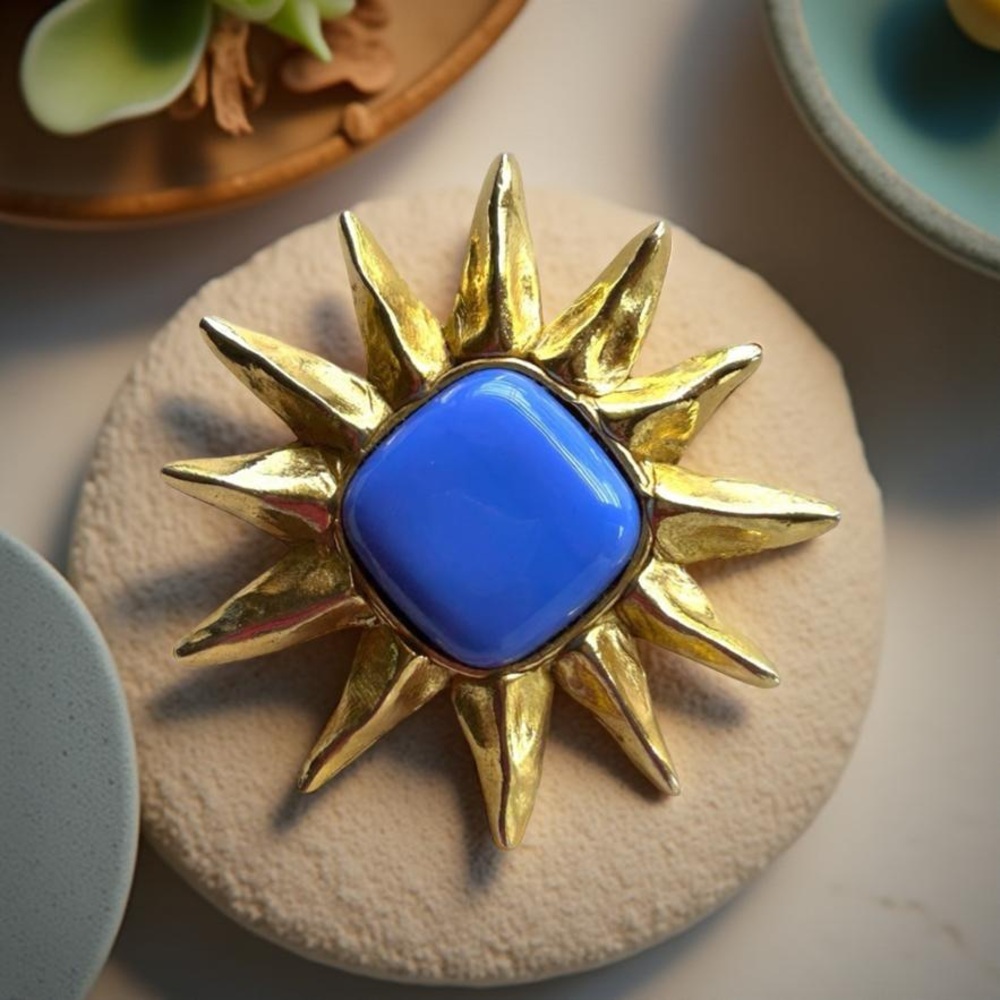 Vintage Philippe Ferrandis Cornflower Blue Sunburst Brooch Rare Statement Piece!